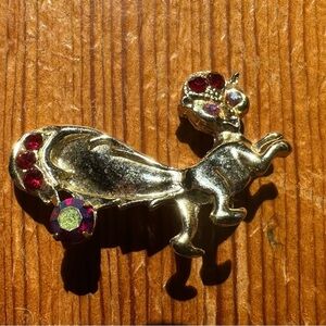 Vintage Gold Squirrel/Skunk Brooch with Ruby Rhinestone Accents